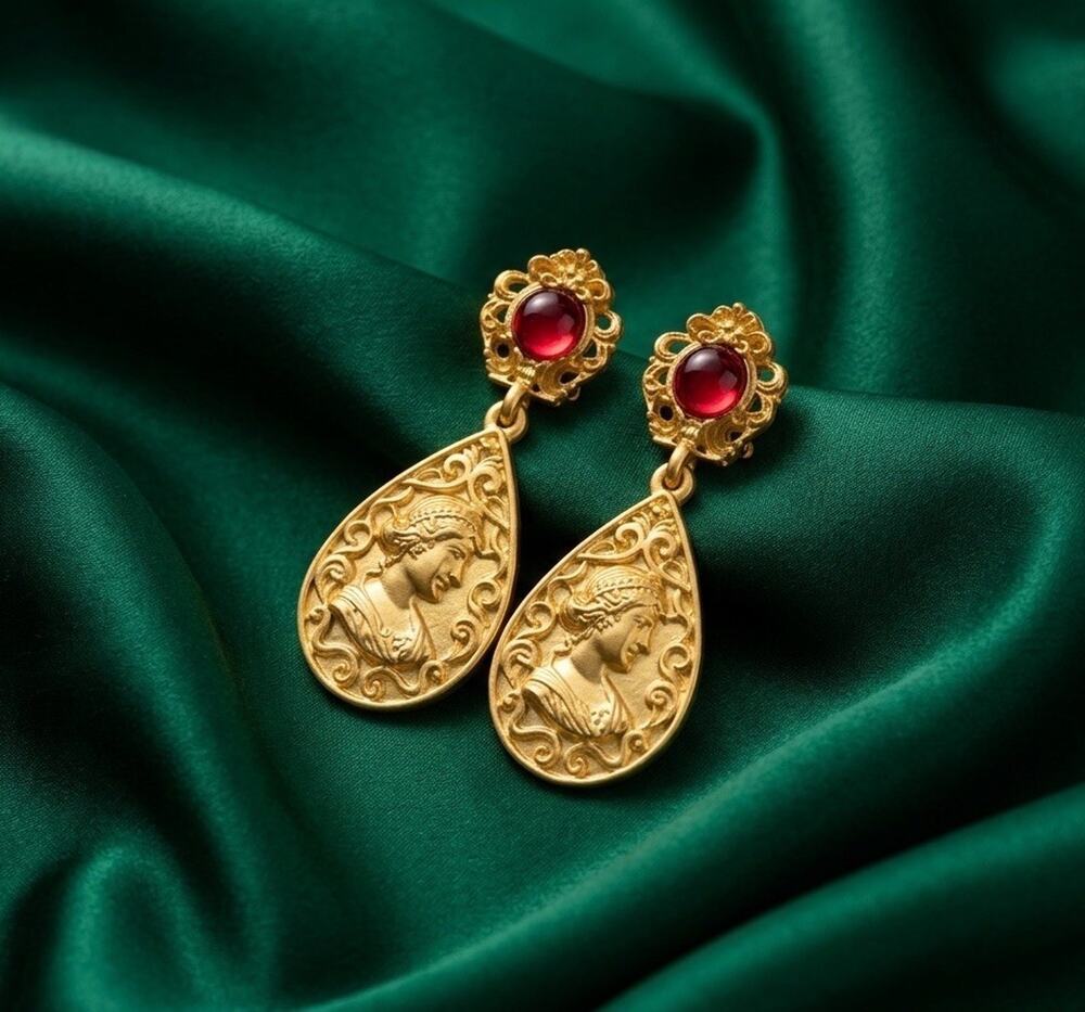Museum Gold Roman Goddess Cameo Earrings Crystal Baroque Medallion Boho Filigree